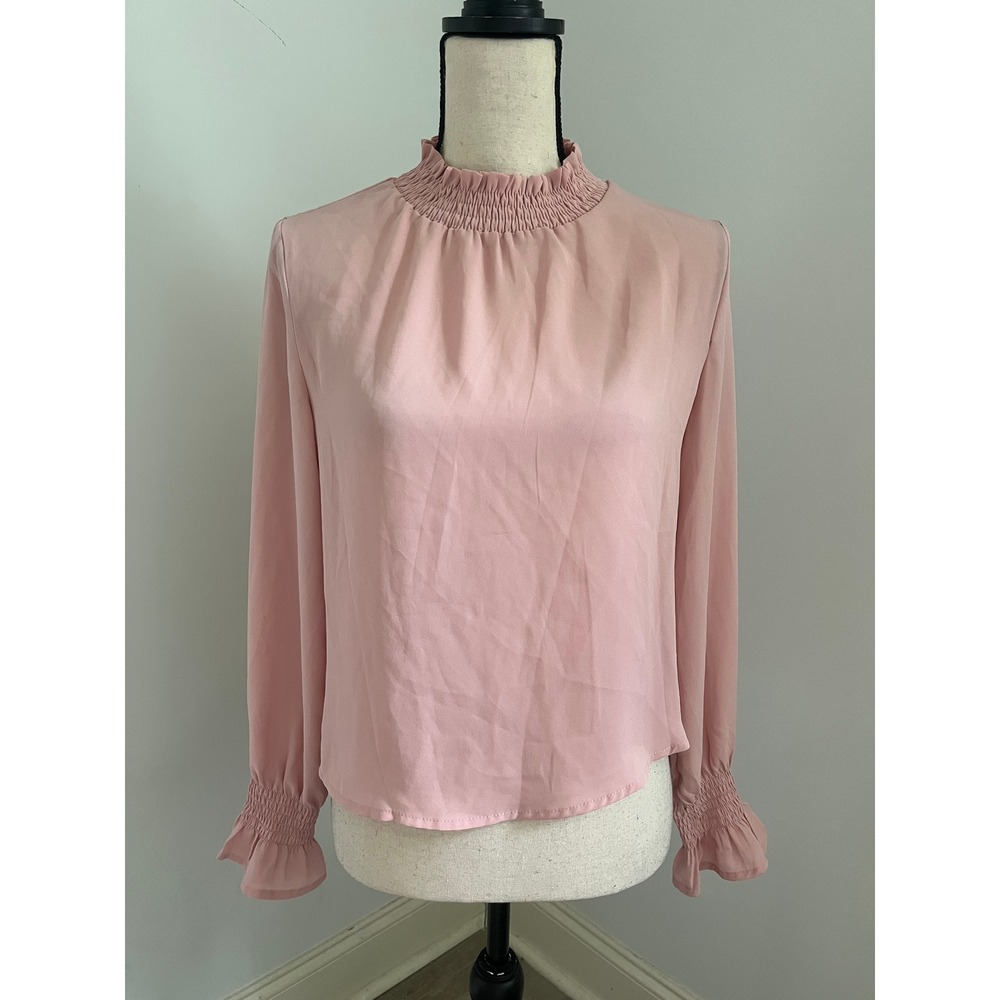Pastel Pink Mock Neck Blouse XS Ruffle Balletcore Romantic Office Chic Girlhood
